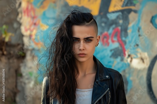 Confident young woman with unique hairstyle poses against a vibrant graffiti wall in an urban setting, showcasing her bold style and individual expression