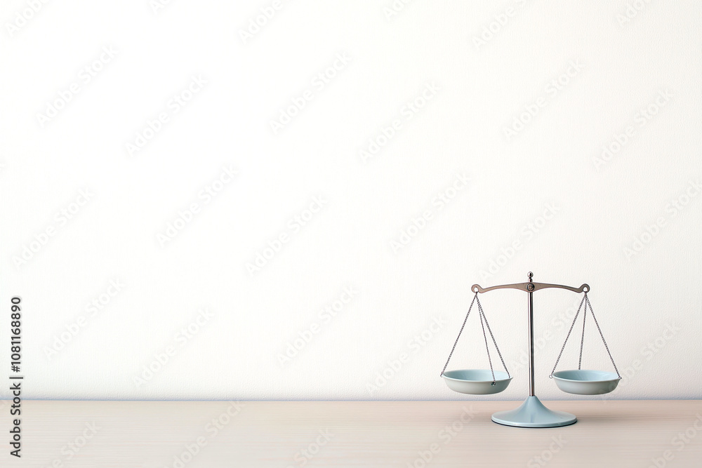 Balanced scales on a minimalist table against a plain white background