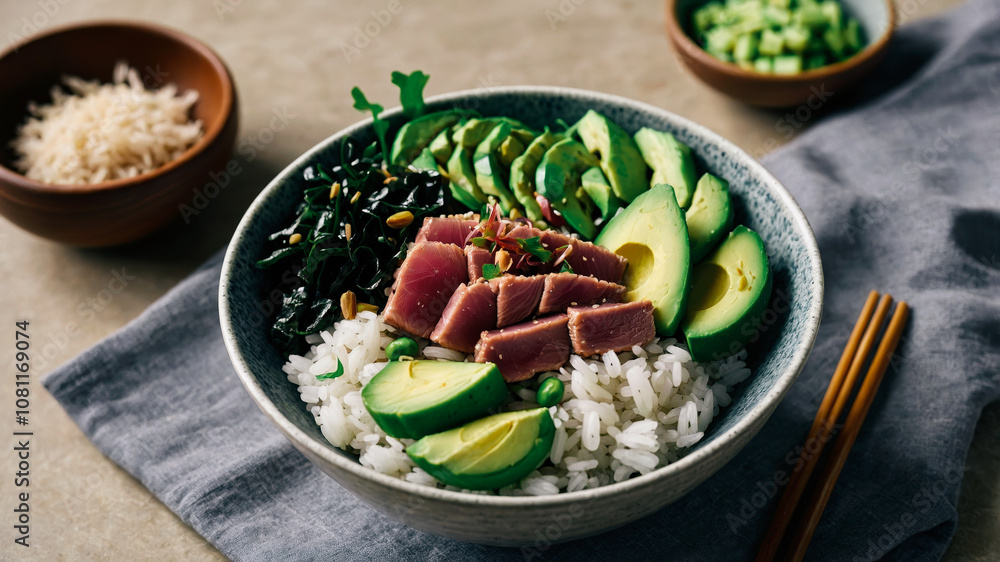 Ahi Tuna Poke Bowl with Avocado, Seaweed, and Rice Ahi Tuna Poke Bowl with Avocado, Seaweed, and Rice