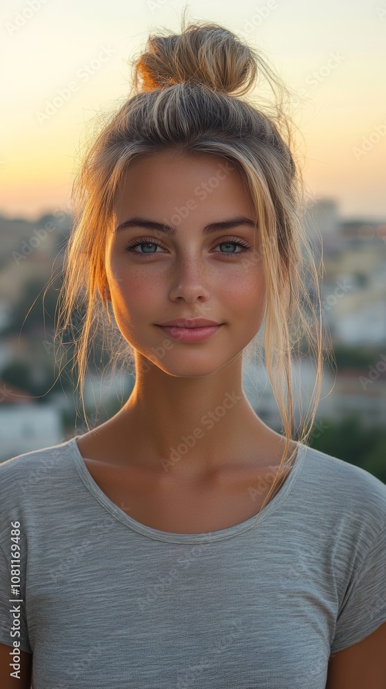 Woman with a bun wearing a gray shirt at sunset, standing outdoors with a serene expression Woman with a bun wearing a gray shirt at sunset, standing outdoors with a serene expression