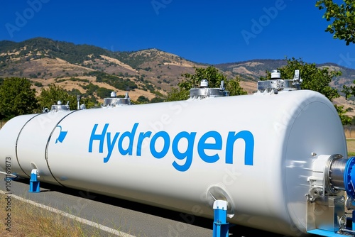 Hydrogen storage tank situated along a roadside in a mountainous area photo