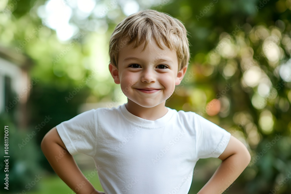 A cheerful young boy stands outdoors, smiling brightly in a white t-shirt, surrounded by greenery A cheerful young boy stands outdoors, smiling brightly in a white t-shirt, surrounded by greenery