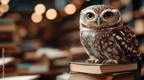 An elegant owl, focused and observant, sits on a stack of books with swirling lights and dim library backdrop, embodying wisdom, serenity, and literary exploration. photo