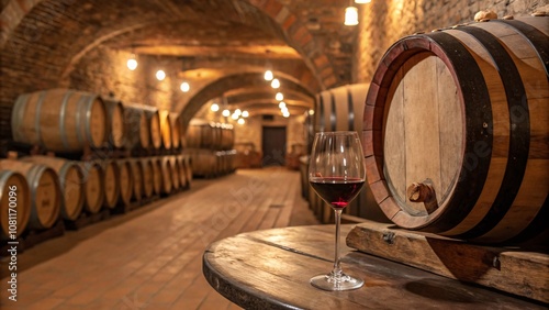 Atmospheric Wine Cellar with Rustic Stone Walls, Oak Barrels, and Warm Lighting, Evoking Tuscan Charm and Traditional Winemaking Craftsmanship V5
