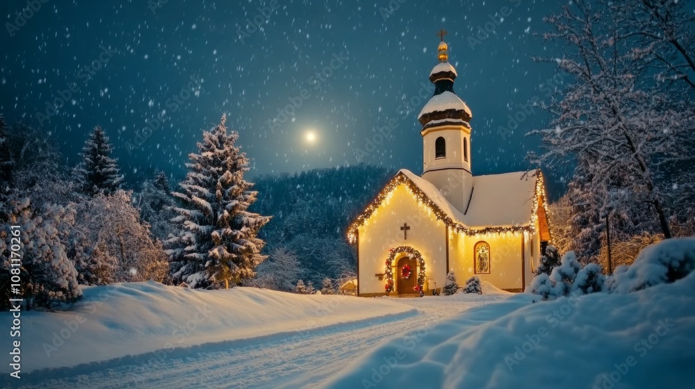 Snowy Night Scene with a Lighted Church and a Full Moon Snowy Night Scene with a Lighted Church and a Full Moon