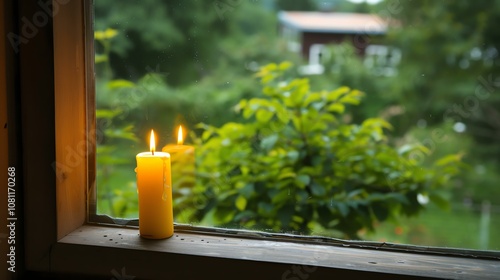 A beautiful lit candle sits on a window sill. The soft light of the candle contrasts with the dark wood of the window frame. photo