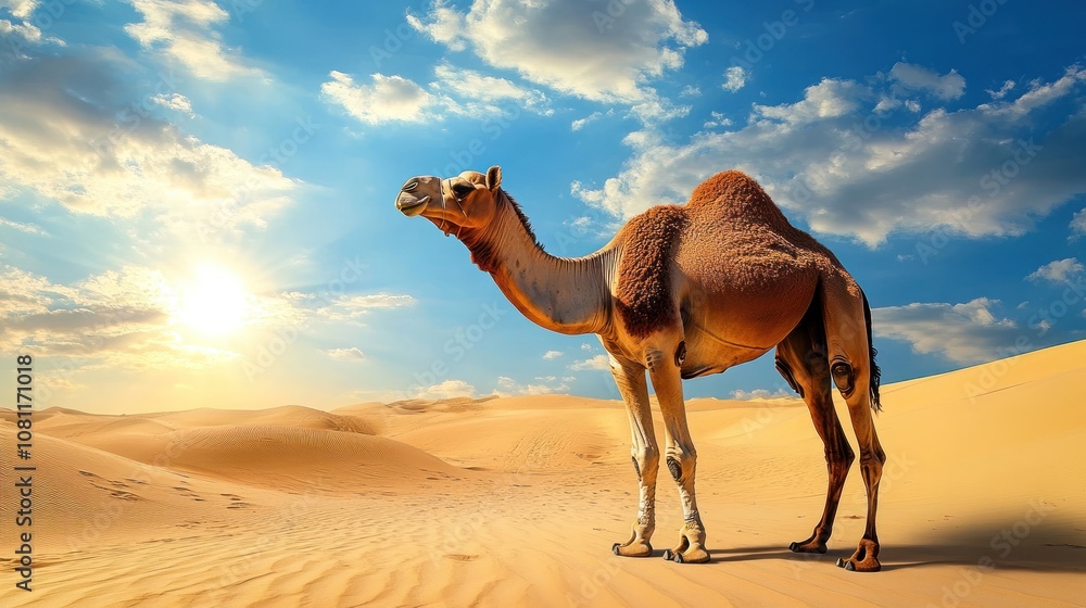 A camel in the desert against the backdrop of dunes and blue sky A camel in the desert against the backdrop of dunes and blue sky