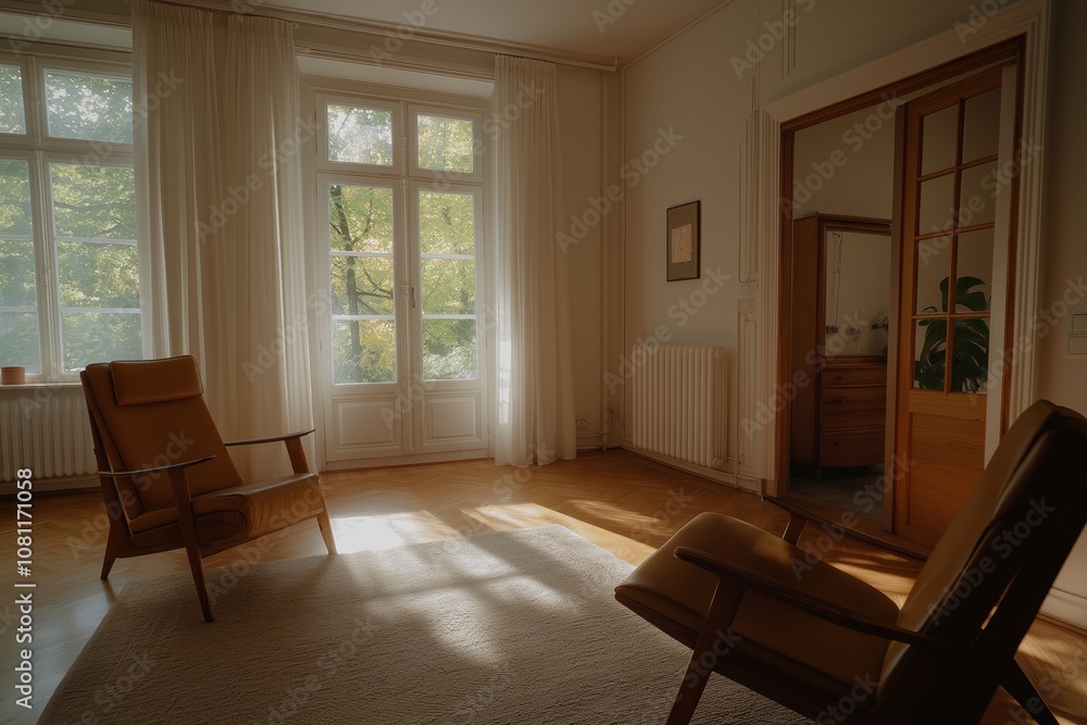 Fototapeta premium Cozy sunlit room with vintage chairs and a glimpse of nature outside