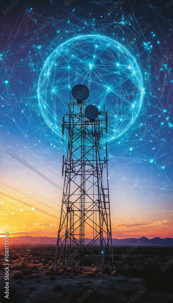 Obraz premium Telecommunication Tower Silhouette Against Vibrant Sunset, Symbolizing Global Network Connectivity.