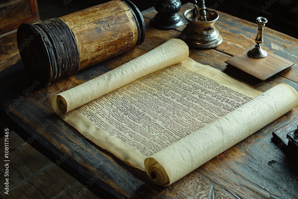 Historical torah scroll showing handwritten text, ceremonial environment. Historical torah scroll showing handwritten text, ceremonial environment.