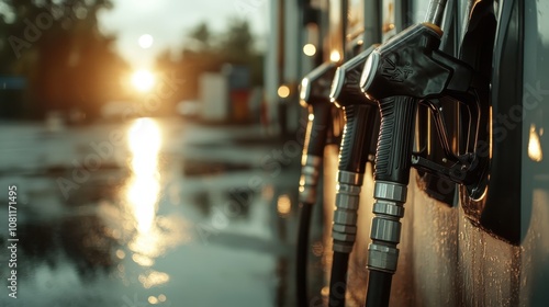 Gasoline pumps lined at a station as the sun sets, casting a warm glow on a wet platform, highlighting the sleek design of the fuel nozzles in a tranquil scene. photo