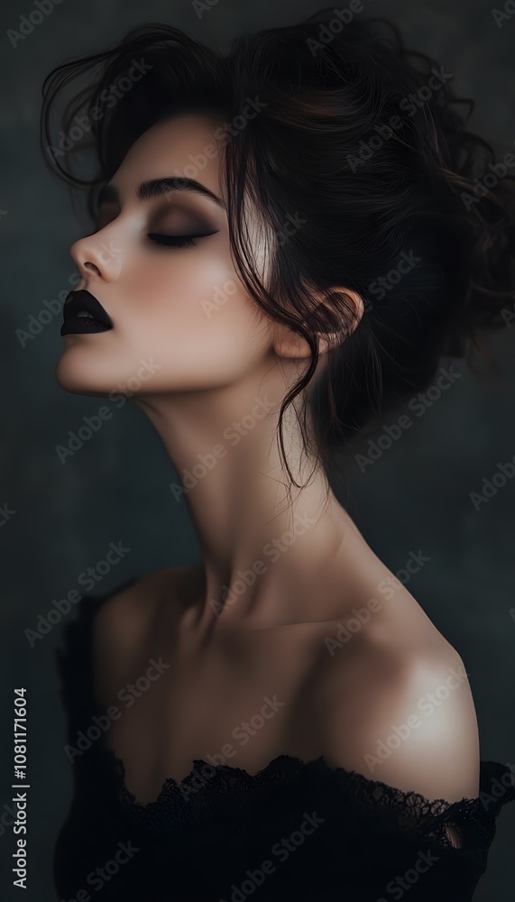 A woman in a black dress with dark lipstick and hair