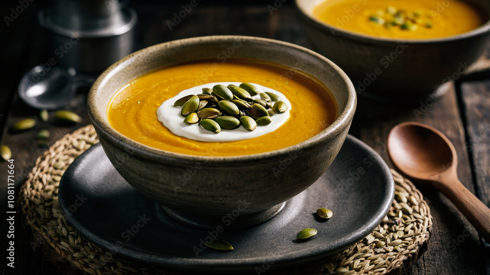 Butternut Squash Soup with Cream and Pumpkin Seed Garnish Butternut Squash Soup with Cream and Pumpkin Seed Garnish