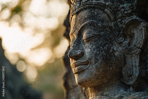 A stone bas-relief from Angkor Wat, Cambodia. Detail from an ancient temple. Angkor Wat stone work. photo