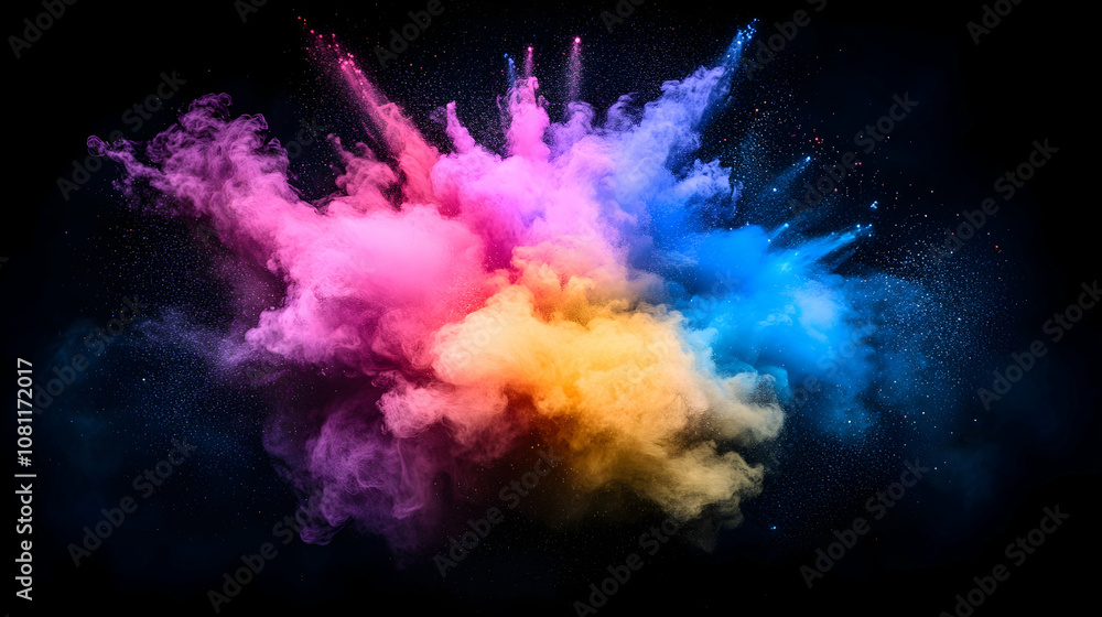 Vibrant Color Explosion on Black Background, paint explosion, powder explosion, colorful, multicolored, pink