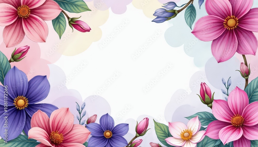 Fototapeta premium Lively Floral Scene with Central Blank Space Featuring Marigold, Lilac, Lily, and Crocus - Ideal for Copy Space