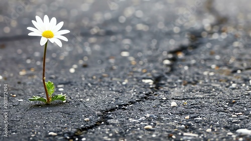 A beautiful flower growing through the cracks in the pavement. photo