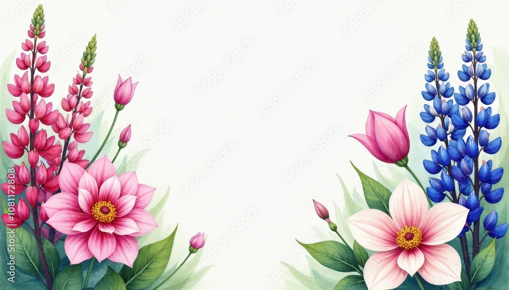 Fototapeta premium Vibrant Flower Arrangement with Central Blank Space Surrounded by Lupine, Jasmine, Dahlia, and Magnolia - Ideal for Copy Space