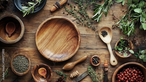 Rustic Wooden Table with Various Culinary Herbs and Spices photo