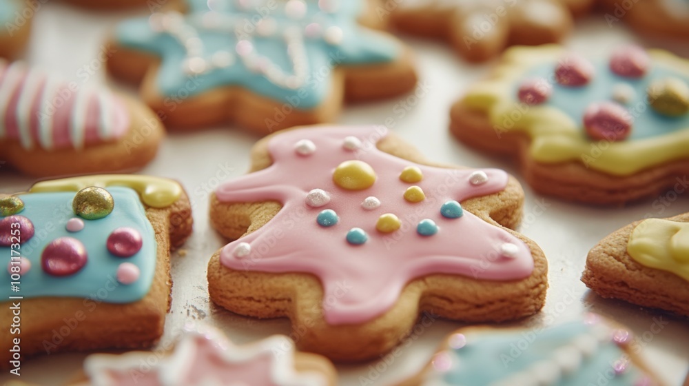 A Close-up View of Decorated Cookies in a Variety of Shapes and Colors A Close-up View of Decorated Cookies in a Variety of Shapes and Colors