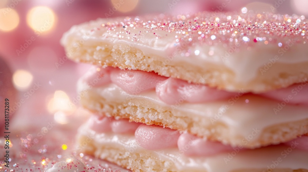 Close-up of a Stacked Pink and White Dessert with Sprinkles