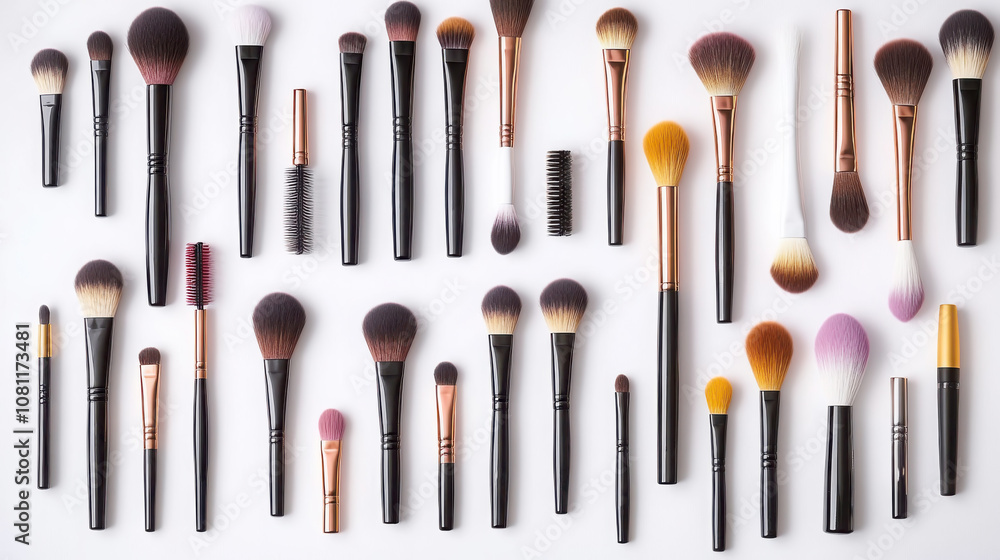 Elegant studio arrangement of diverse makeup brushes for beauty and design Elegant studio arrangement of diverse makeup brushes for beauty and design