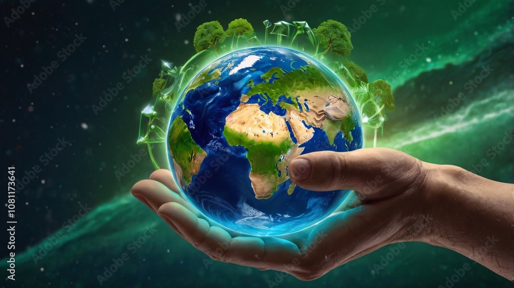 Futuristic Earth in Hand Visualizing Global Sustainability with Green Technology, Climate Data, and Eco-Friendly Innovations V9 Futuristic Earth in Hand Visualizing Global Sustainability with Green Technology, Climate Data, and Eco-Friendly Innovations V9