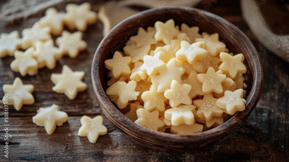 Star-Shaped Cookies in a Wooden Bowl on a Rustic Table Star-Shaped Cookies in a Wooden Bowl on a Rustic Table
