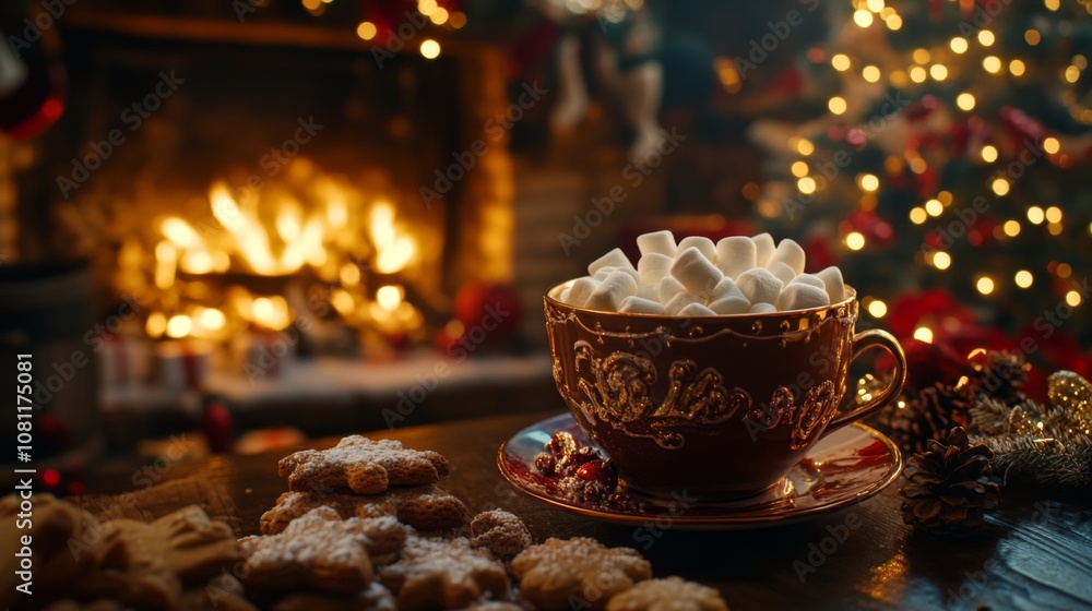 Hot Chocolate with Marshmallows and Cookies by the Fireplace on Christmas Eve