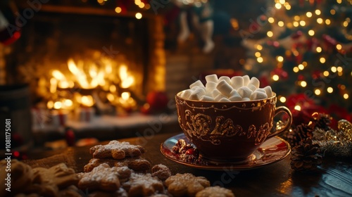 Hot Chocolate with Marshmallows and Cookies by the Fireplace on Christmas Eve