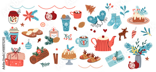 Hand drawn set of cozy winter elements. Christmas vector illustration.