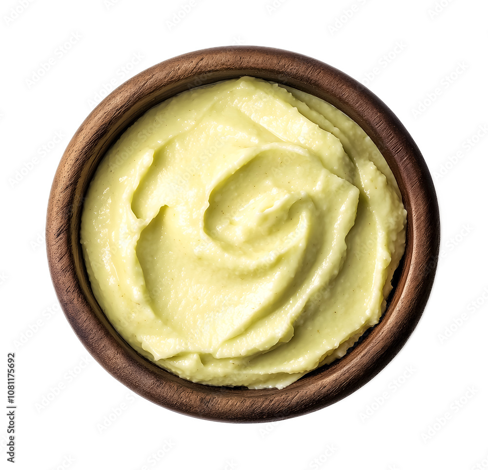 Top view of wasabi aioli dip in a wooden bowl on a transparent background. isolated background. Top view of wasabi aioli dip in a wooden bowl on a transparent background. isolated background.