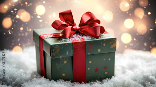 Festive gift box with red ribbon, New Year background