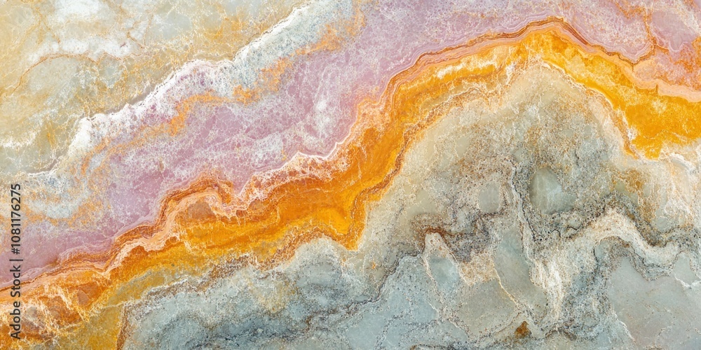 Closeup of a colorful marble slab with swirls of pink, orange, and gray. Closeup of a colorful marble slab with swirls of pink, orange, and gray.