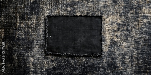 An Abstract Canvas Texture Featuring a Rough-Edged Black Square on a Dark and Worn Background, Highlighting Contrasts in Fabric and Color