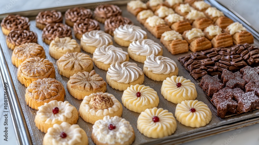 A Variety of Cookies and Pastries on a Silver Baking Sheet A Variety of Cookies and Pastries on a Silver Baking Sheet