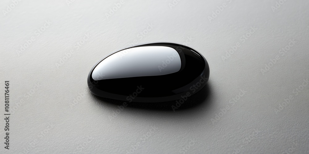 A Glossy Black Pebble Resting on a Smooth, Light-Colored Surface, Highlighting Its Sleek, Reflective Surface Under Natural Light in a Serene Environment A Glossy Black Pebble Resting on a Smooth, Light-Colored Surface, Highlighting Its Sleek, Reflective Surface Under Natural Light in a Serene Environment