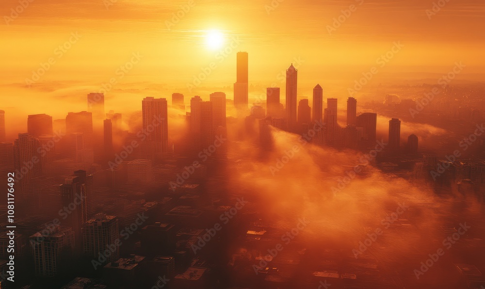 Hazy Sunrise Over Seattle Buildings Aerial View Hazy Sunrise Over Seattle Buildings Aerial View