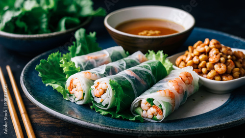 Fresh Shrimp Spring Rolls with Dipping Sauce and Vegetables