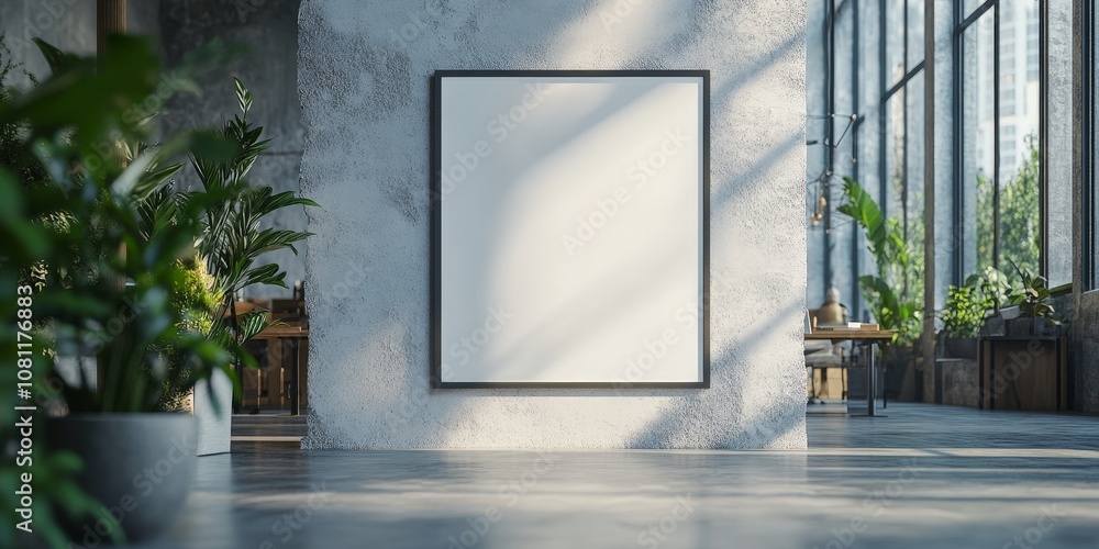 Blank poster frame in a modern office with concrete walls Blank poster frame in a modern office with concrete walls