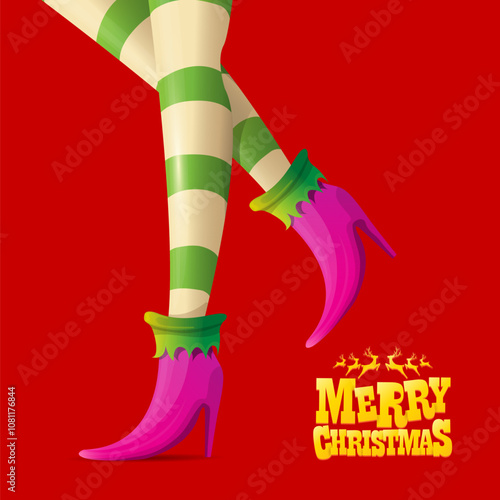 vector merry christmas greeting card with cartoon elf girls legs and greeting calligraphic text Merry christmas isolated on red. Vector merry christmas background with elf girl