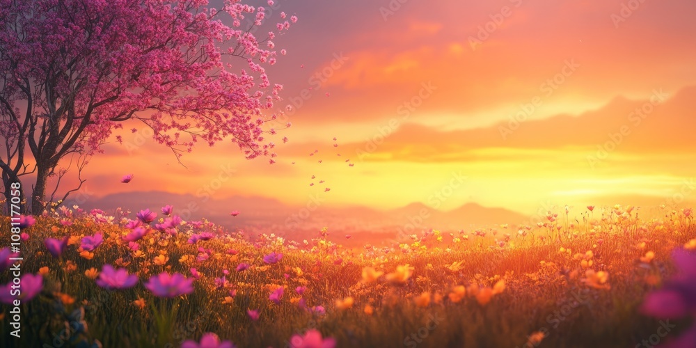 Naklejka premium A single pink tree stands in a field of flowers at sunset.