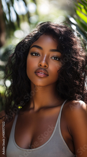 Young woman with curly hair and perfect skin posing surrounded by tropical plants enjoying the sunlight