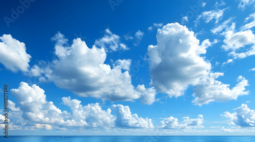 Serene Seascape with Puffy Cumulus Clouds, blue sky, ocean, horizon, water, cloudscape