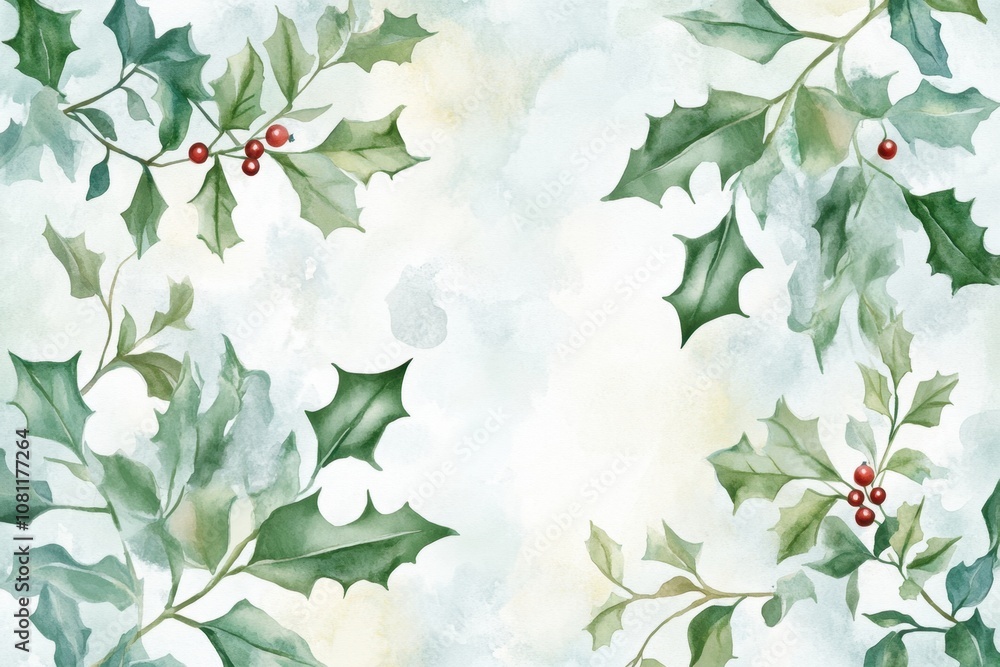 Watercolor background with holly leaves and berries, soft pastel colors, winter scene, subtle watercolor splashes on the edges, hand-drawn elements in pale green Generative AI Watercolor background with holly leaves and berries, soft pastel colors, winter scene, subtle watercolor splashes on the edges, hand-drawn elements in pale green Generative AI