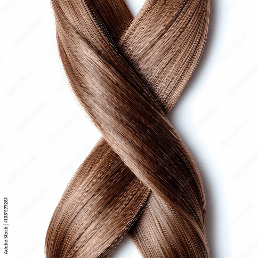 Fototapeta premium Intertwined Light Brown Hair Strands on White Background, tresses, texture, shiny, glossy, smooth