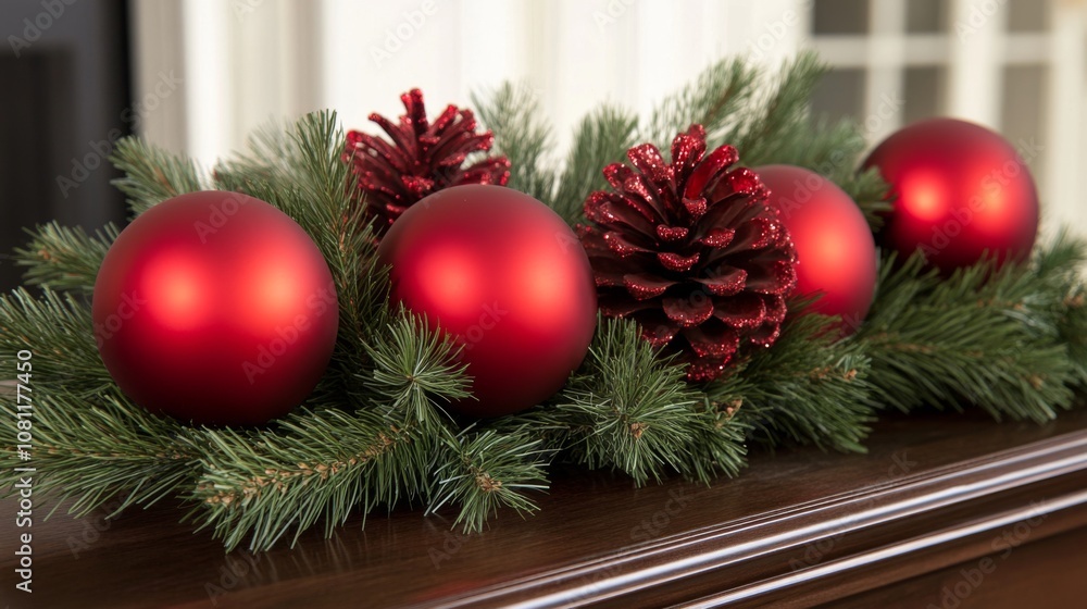 Red Christmas Ornaments and Pine Cones on a Wooden Surface Red Christmas Ornaments and Pine Cones on a Wooden Surface