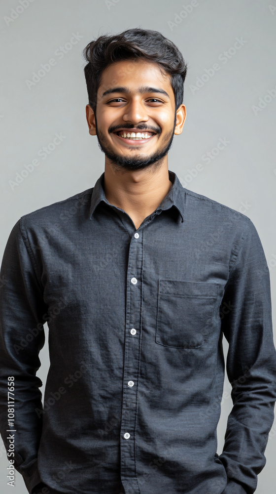 Confident and successful young indian entrepreneur in a black shirt, smiling against a gray background Confident and successful young indian entrepreneur in a black shirt, smiling against a gray background