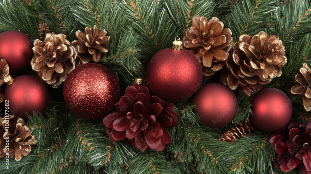Red Christmas Ornaments and Pine Cones on a Green Branch Red Christmas Ornaments and Pine Cones on a Green Branch