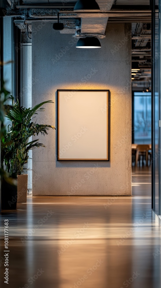 Empty poster frame in a modern office, perfect for advertising, branding, or promotional display Empty poster frame in a modern office, perfect for advertising, branding, or promotional display